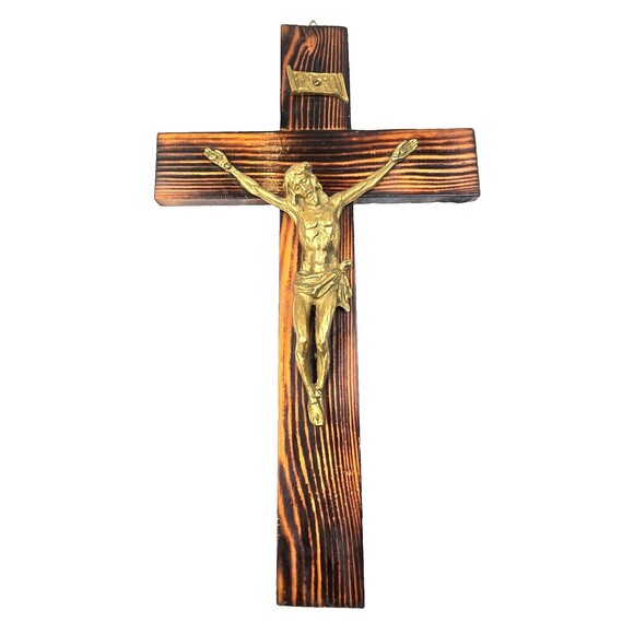 Vintage Wood Wall Crucifix Cross 14" INRI Burnt Wood Brass Jesus Catholic Decor - Picture 1 of 11